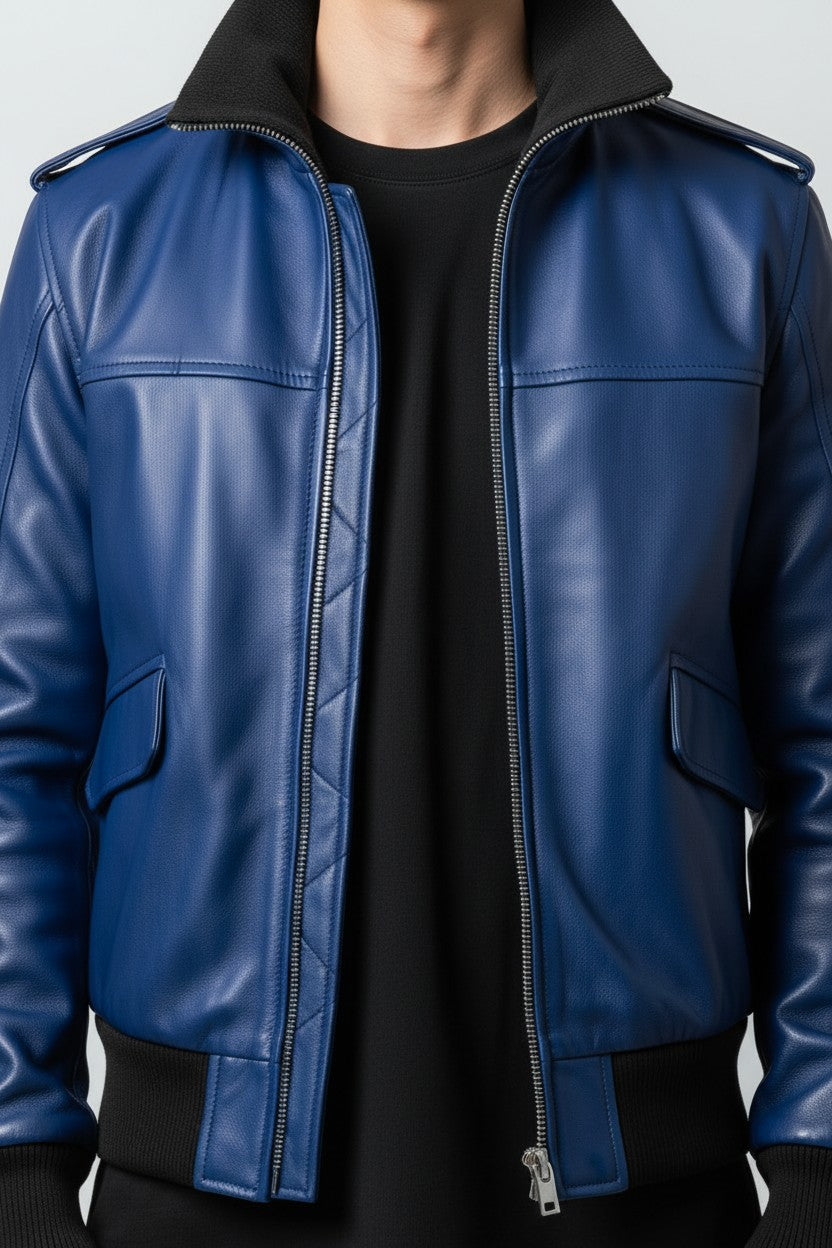 Blue Bomber Leather Jacket