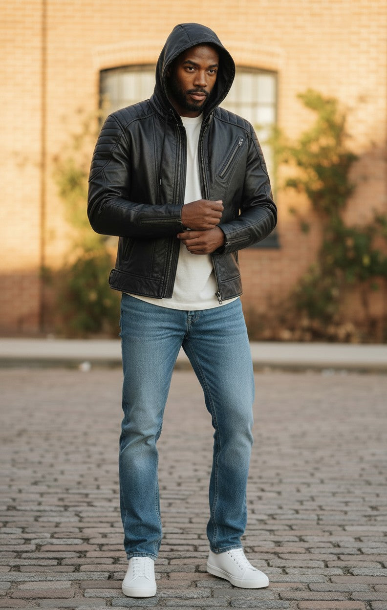 Men Hooded Leather Jacket - Hooded Black Leather Jacket