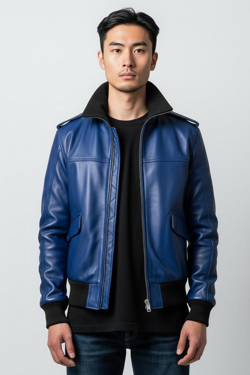 Blue Bomber Leather Jacket