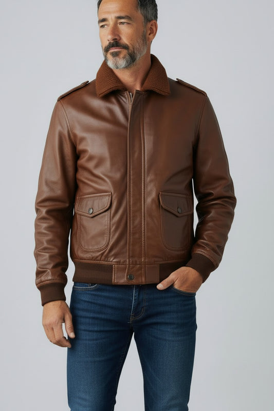 Aviator 90's Distressed Men Bomber Vintage Leather Jacket - Distressed Brown Bomber Jacket