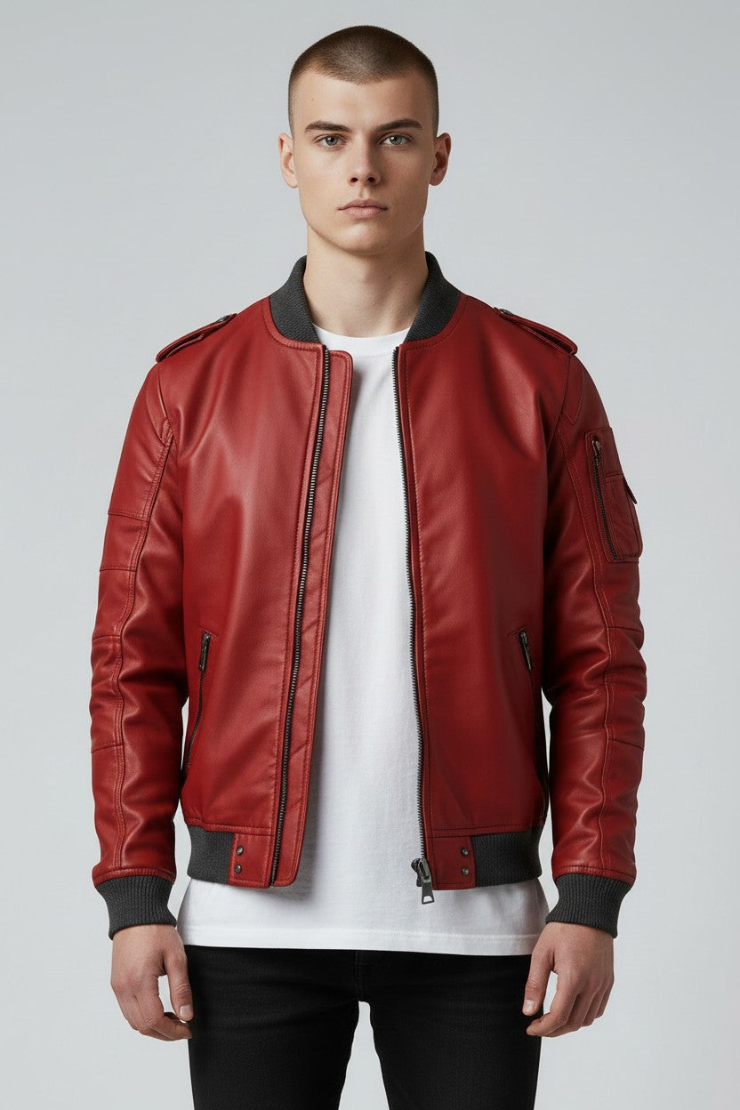 Men Stylish Red Bomber Leather Jacket