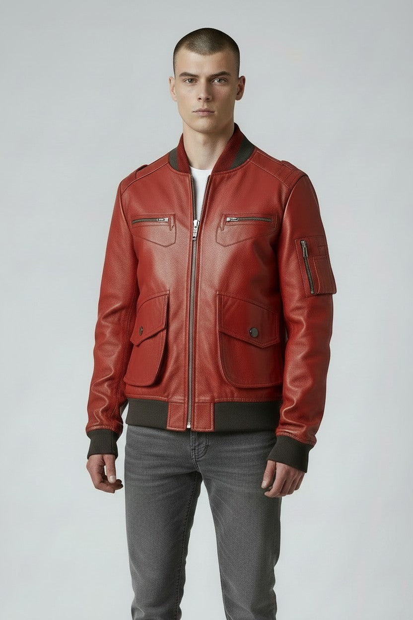 Men Red Leather Bomber Jacket