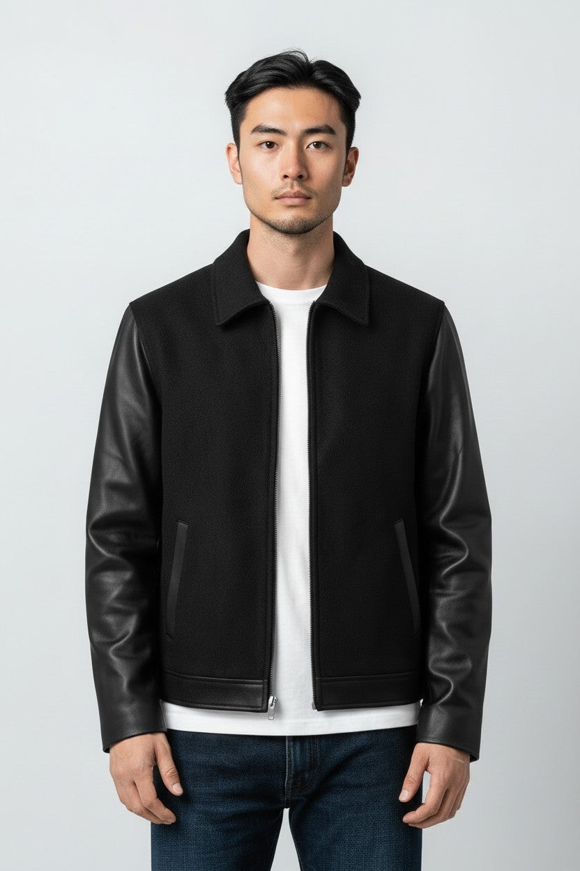 Men Black Wool and Leather Jacket