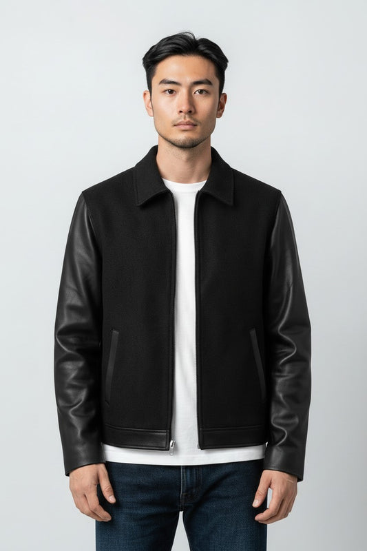 Men Black Wool and Leather Jacket