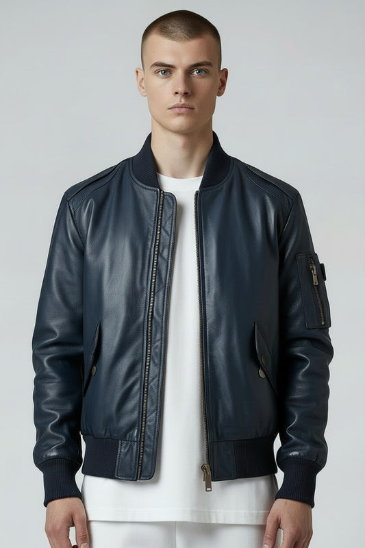 Men Flight Bomber Blue Leather Jacket - Bomber Leather Jacket