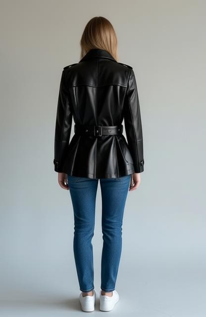Women Black Leather Winter Coat Belted Style