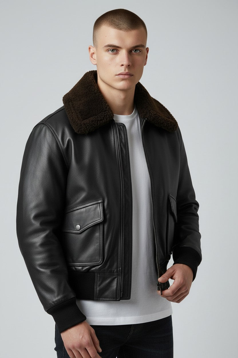 Men G1 Black Leather Flight Bomber Jacket