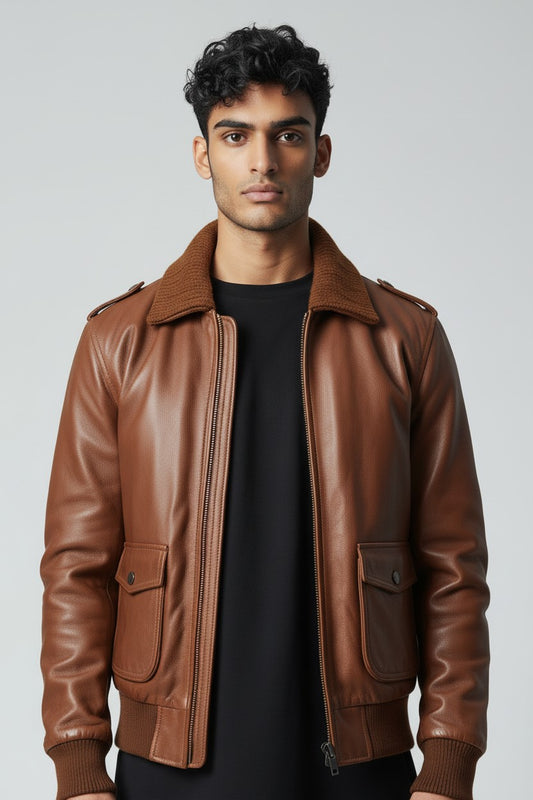 Men Aviator Brown Leather Jacket - Men Leather Jacket Brown
