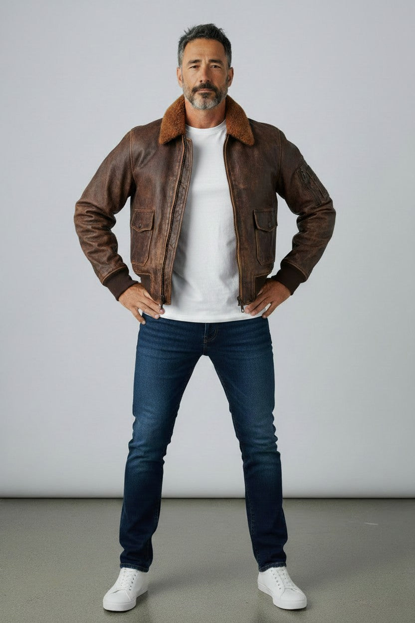 Aviator G1 Distressed Men Bomber Leather Jacket - Brown