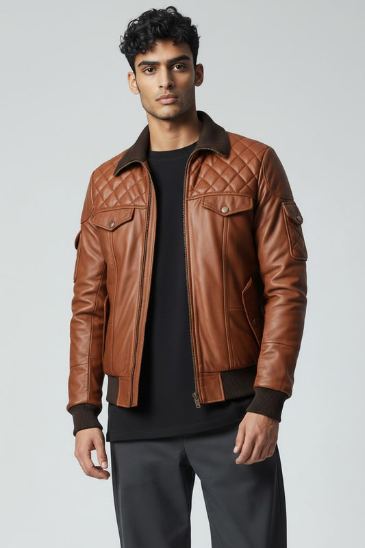 Men's Quilted Leather Bomber Jacket