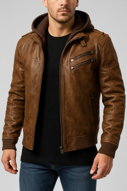 Men Distressed Brown Hooded Leather Jacket
