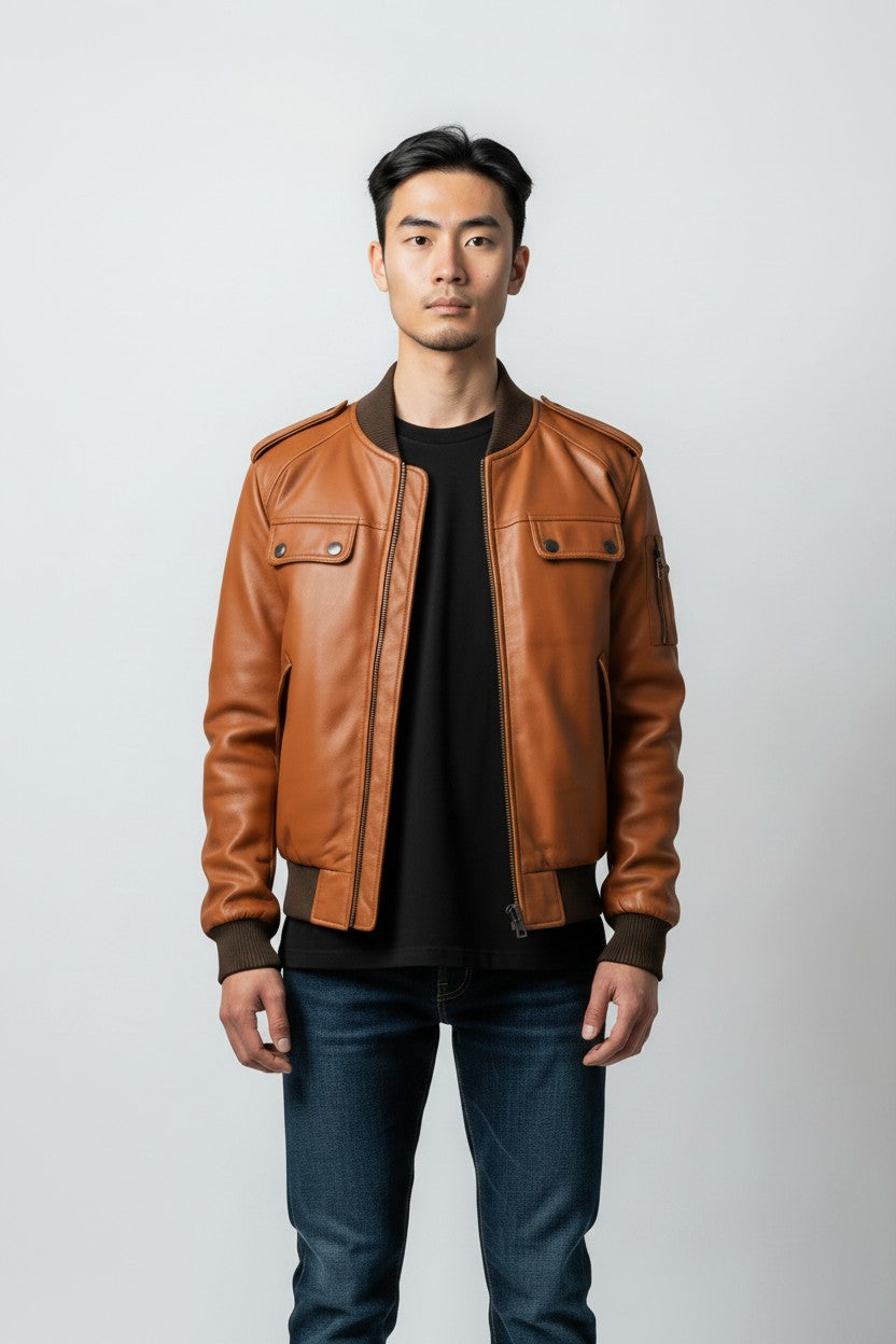 Men Strap Pocket Bomber Leather Jacket