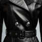 Women Black Leather Winter Coat Belted Style