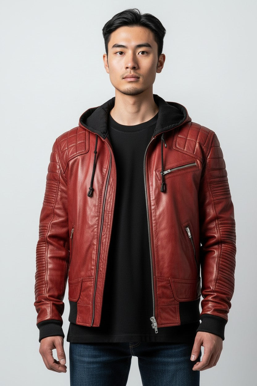 Men Stylish Hooded Leather Jacket
