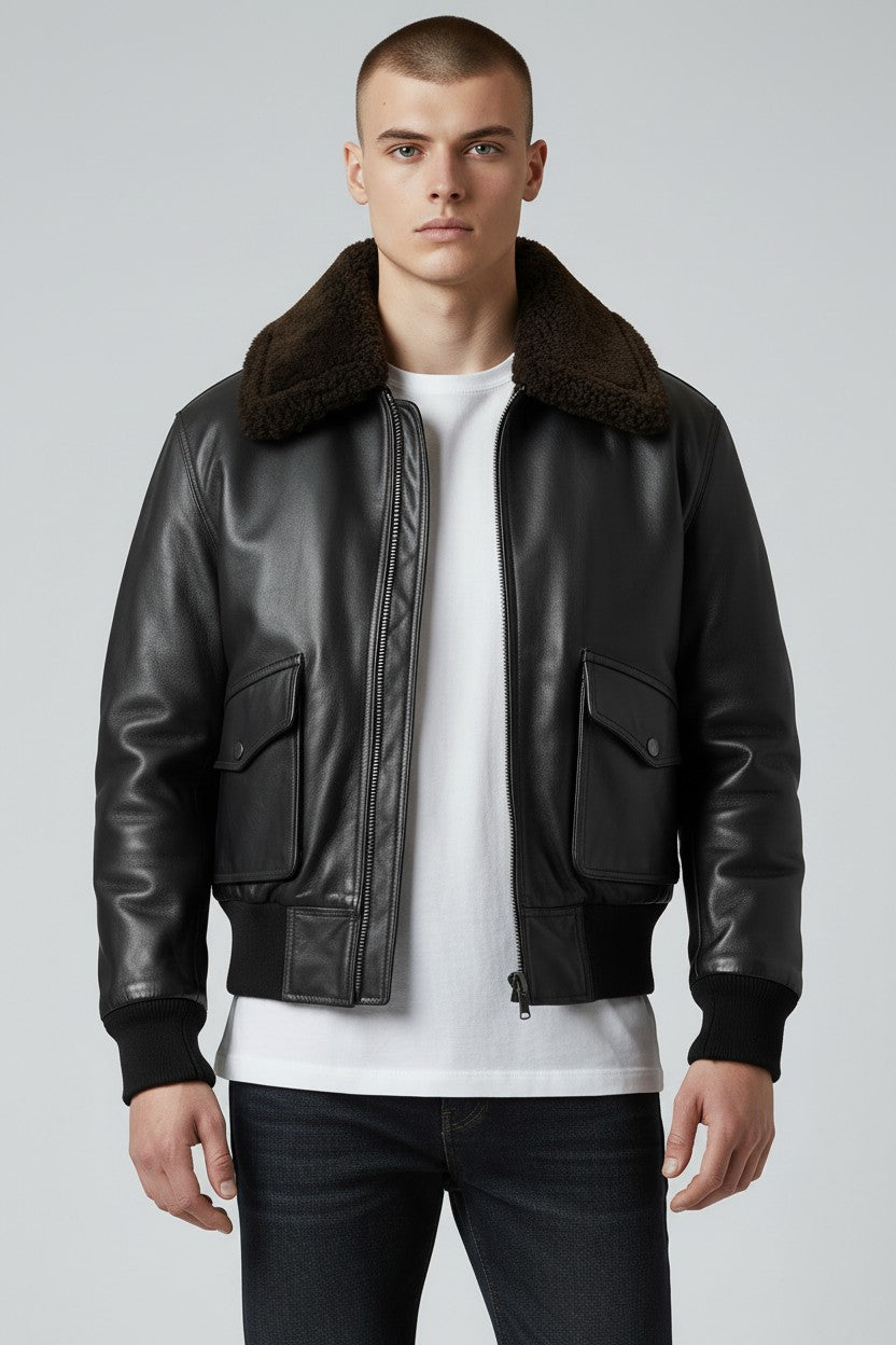 Men G1 Black Leather Flight Bomber Jacket