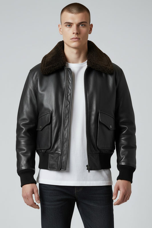 Men G1 Black Leather Flight Bomber Jacket