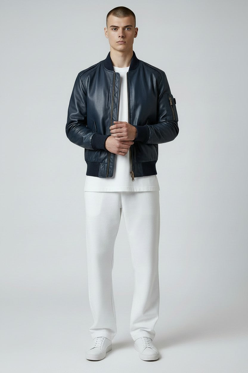 Men Flight Bomber Blue Leather Jacket - Bomber Leather Jacket