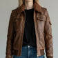 Women Vintage Leather Jacket - Distressed Brown Bomber Jacket