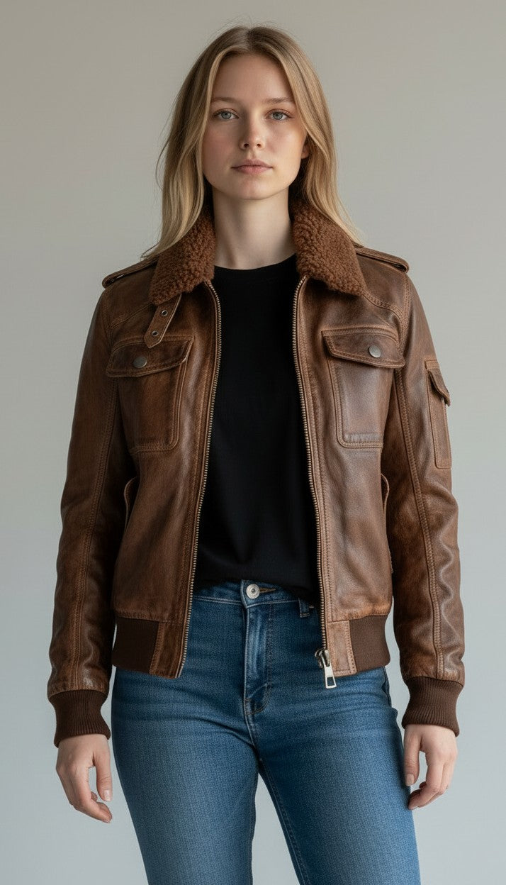 Women Vintage Leather Jacket - Distressed Brown Bomber Jacket