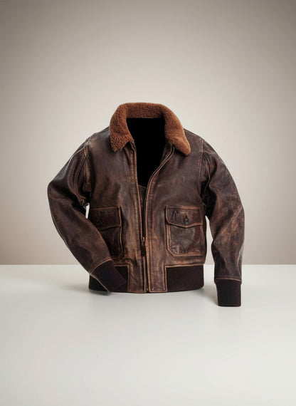 Aviator G1 Distressed Men Bomber Leather Jacket - Brown