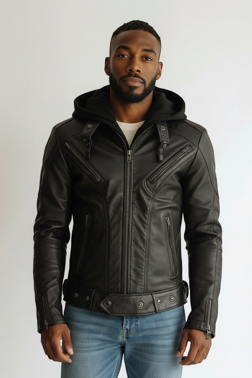 Black Hooded Leather Jacket - Upper Body Crop