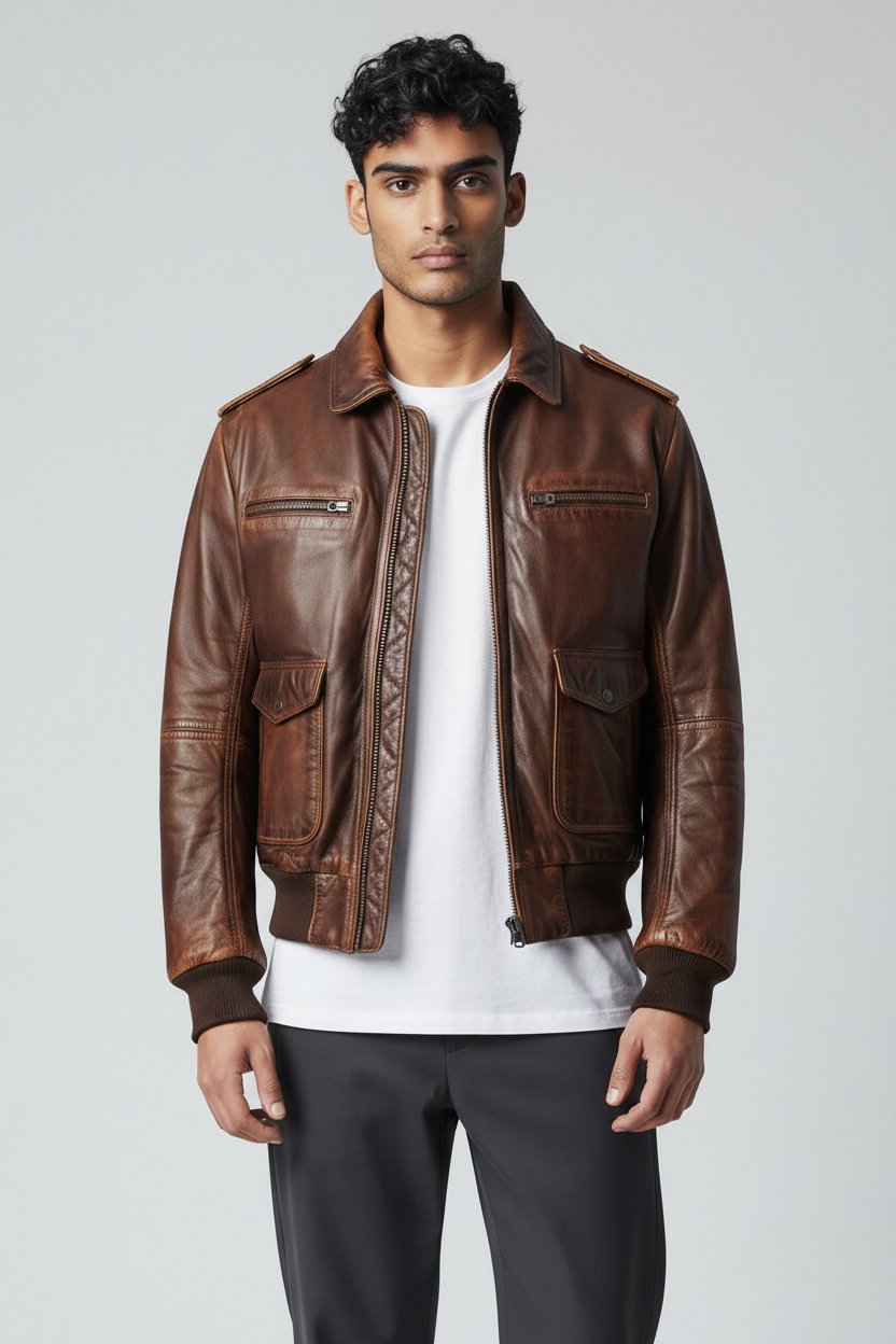 Brown Leather Jacket - Upper Body Crop