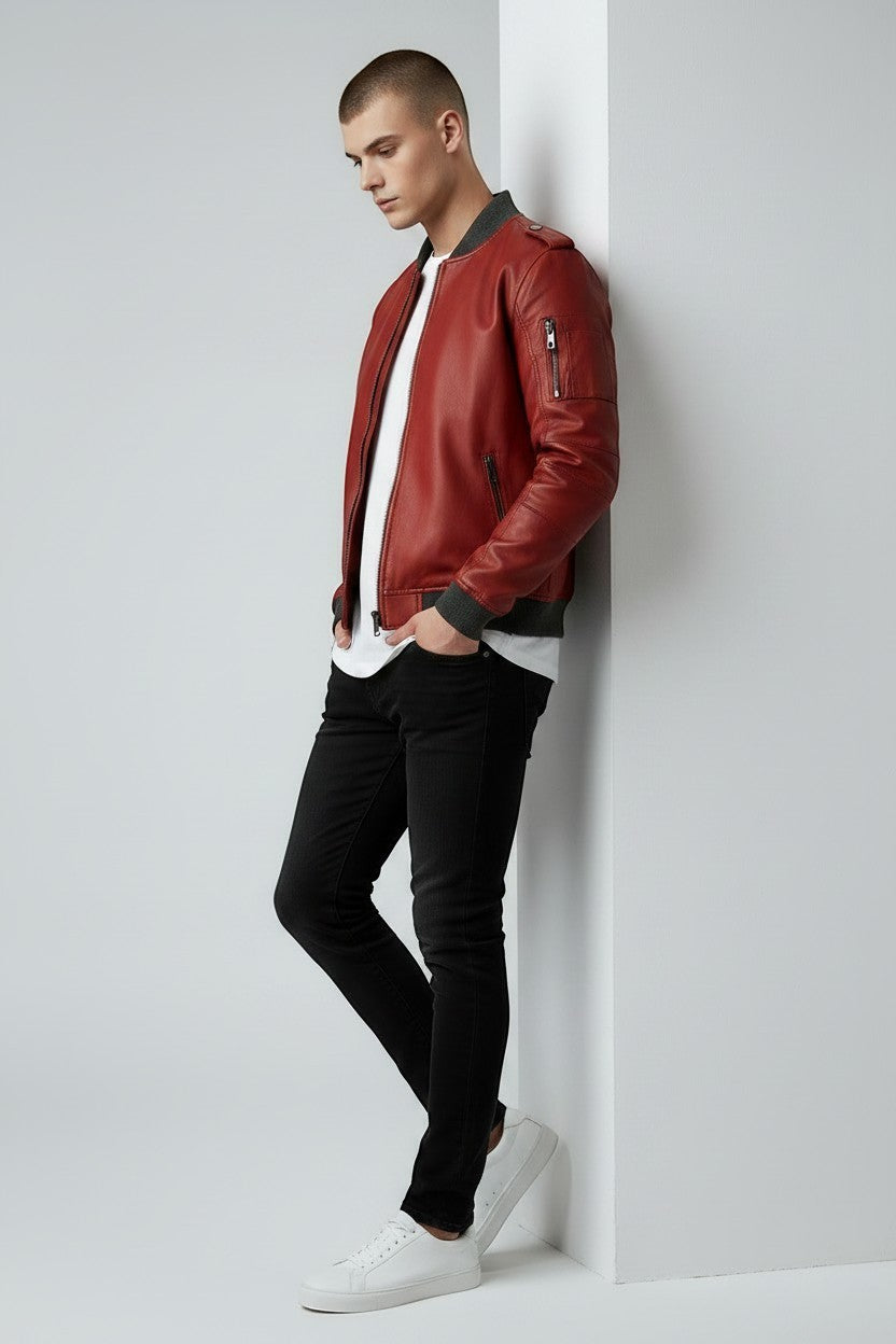 Men Stylish Red Bomber Leather Jacket