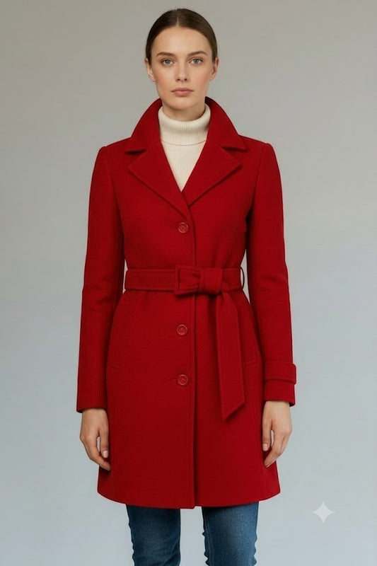 Scarlett Stitch Belted Wool Blend Coat - Elegant Belted Winter Long Coat