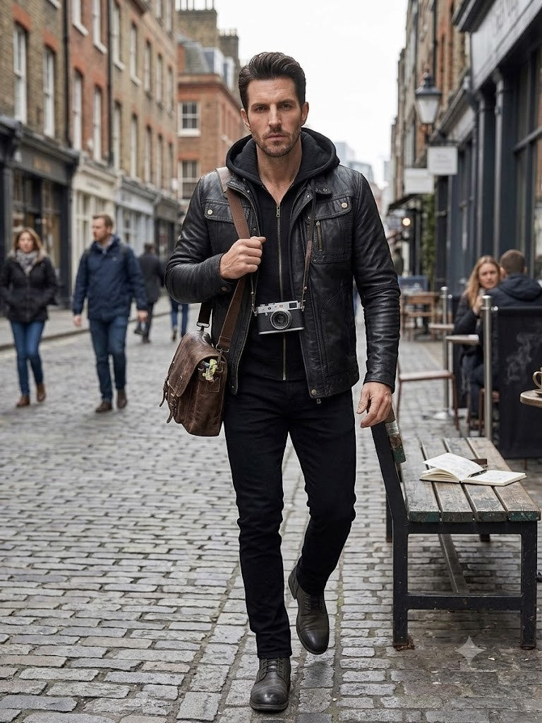 New Men's Motorcycle Brando Style Biker Real Leather Detachable Hoodie Jacket - Black