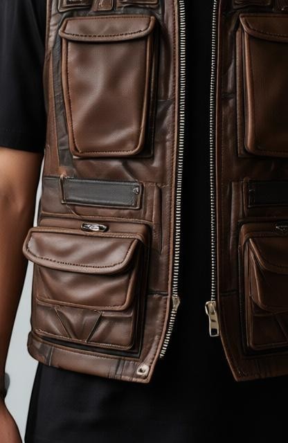 Men Distressed Brown Military Style Leather Vest