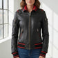 Women Black Bomber Leather Jacket With Ribbed Accents