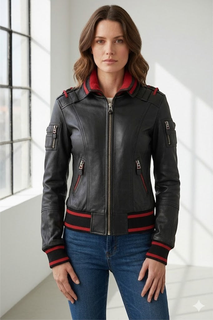 Women Black Bomber Leather Jacket With Ribbed Accents