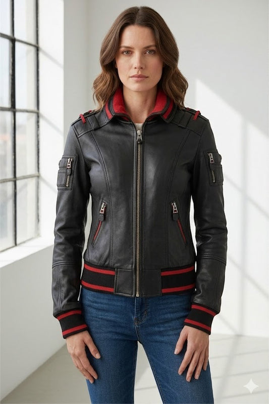 Women Black Bomber Leather Jacket With Ribbed Accents