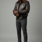 Scarlett Stitch Men's distressed brown real leather aviator bomber jacket with wool collar and ribbed cuffs.