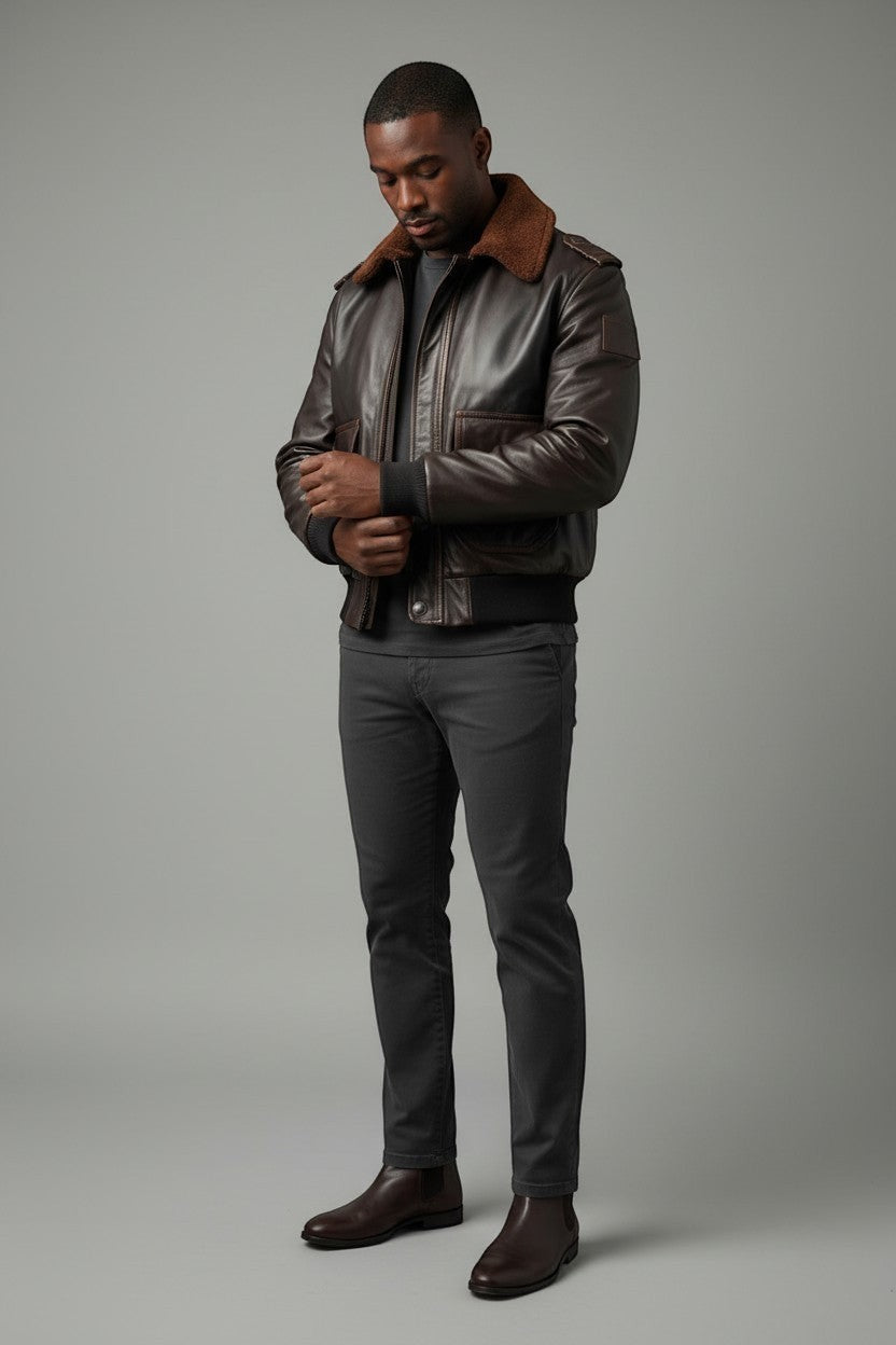 Scarlett Stitch Men's distressed brown real leather aviator bomber jacket with wool collar and ribbed cuffs.