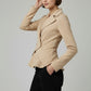 Scarlett Stitch beige peplum blazer with asymmetrical wrap, lapel collar, and two-button closure. Tailored fit.