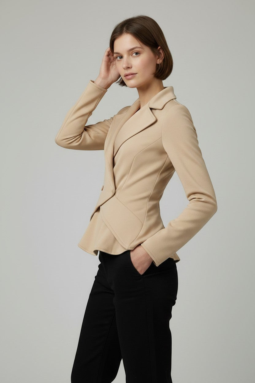 Scarlett Stitch beige peplum blazer with asymmetrical wrap, lapel collar, and two-button closure. Tailored fit.