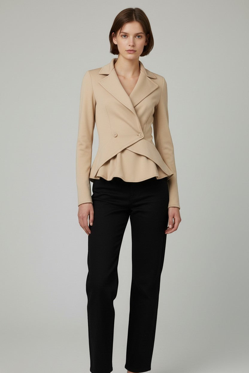 Scarlett Stitch beige double-breasted peplum blazer with asymmetrical wrap and lapel collar.