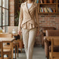 Scarlett Stitch beige peplum blazer with double-breasted closure and lapel collar, paired with matching trousers.