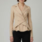 Scarlett Stitch beige peplum blazer with double-breasted closure, lapel collar, and asymmetrical wrap design.