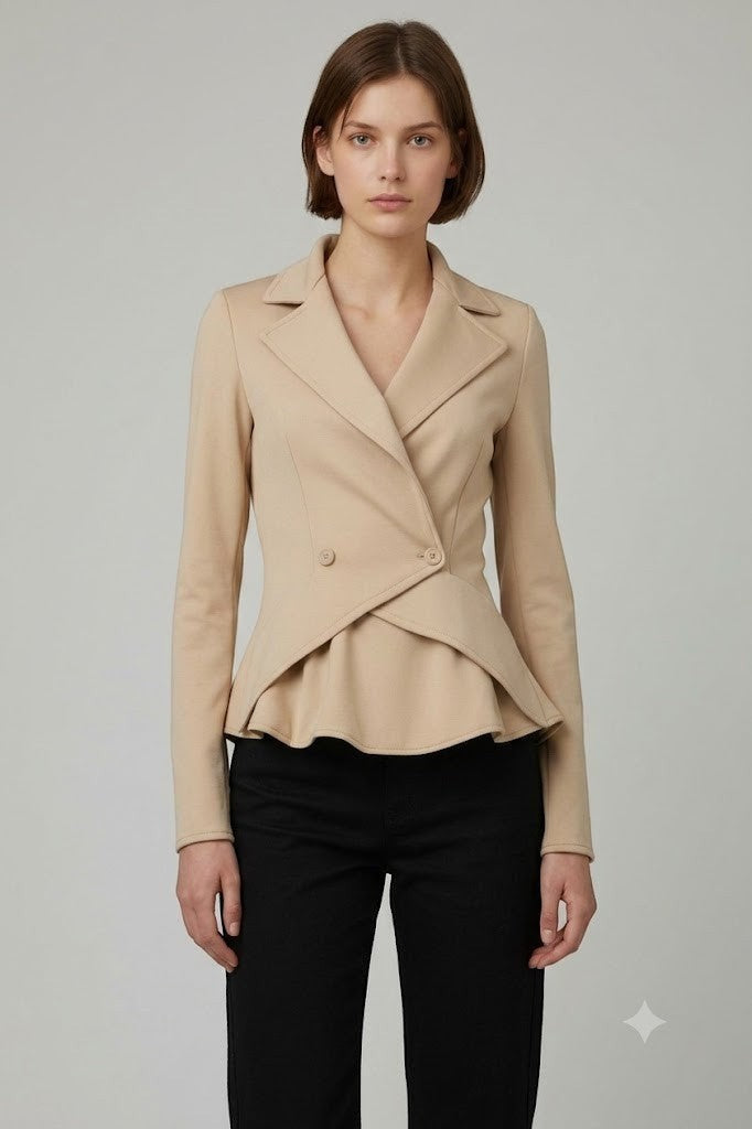 Scarlett Stitch beige peplum blazer with double-breasted closure, lapel collar, and asymmetrical wrap design.