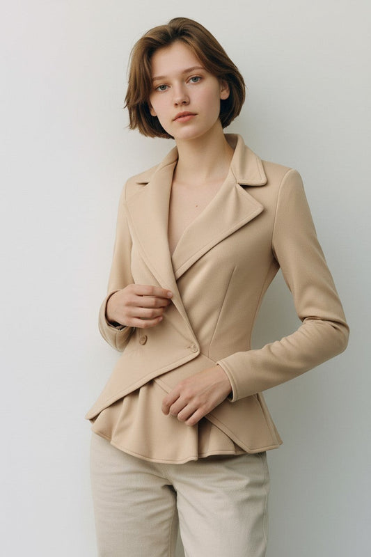 Scarlett Stitch beige double-breasted peplum blazer with lapel collar and asymmetrical wrap design.