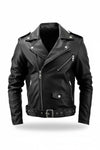 Scarlett Stitch black faux leather biker jacket with asymmetrical zip, snap collar, and adjustable waist belt.