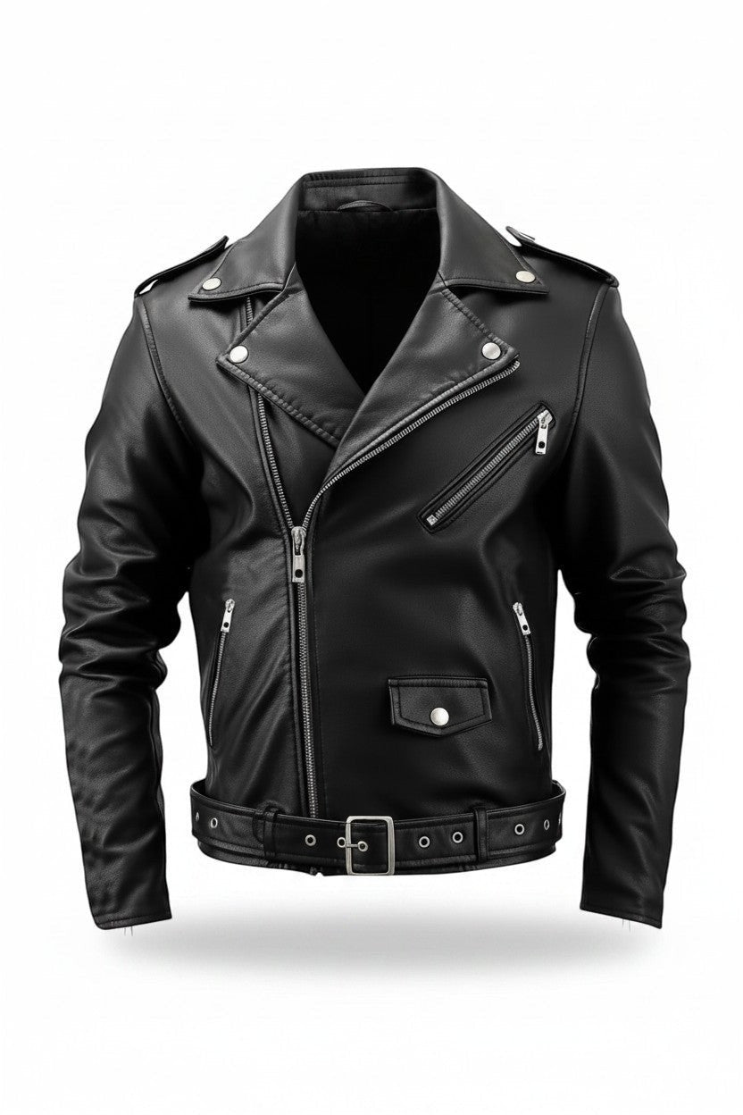 Scarlett Stitch black faux leather biker jacket with asymmetrical zip, snap collar, and adjustable waist belt.