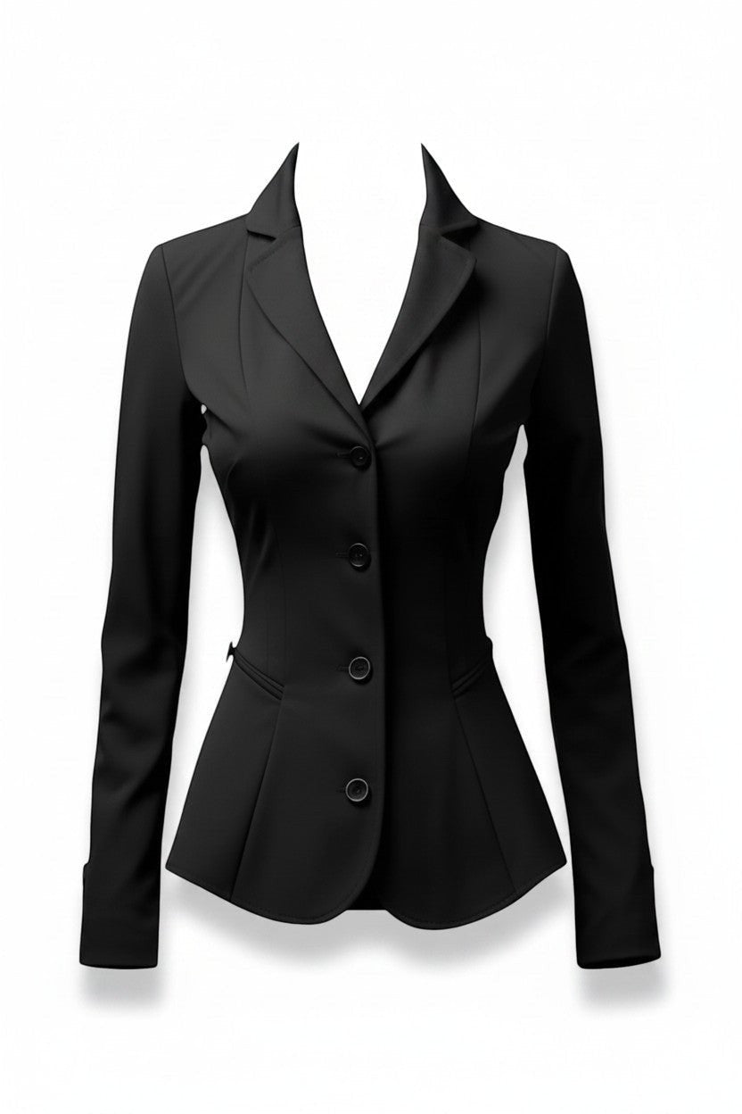 Scarlett Stitch Women's black tailored fit blazer jacket with three-button closure and sharp lapels.