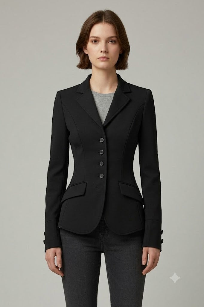 Scarlett Stitch black tailored equestrian-style blazer with button cuffs and flap pockets.