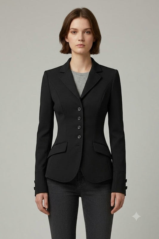 Scarlett Stitch black tailored equestrian-style blazer with button cuffs and flap pockets.