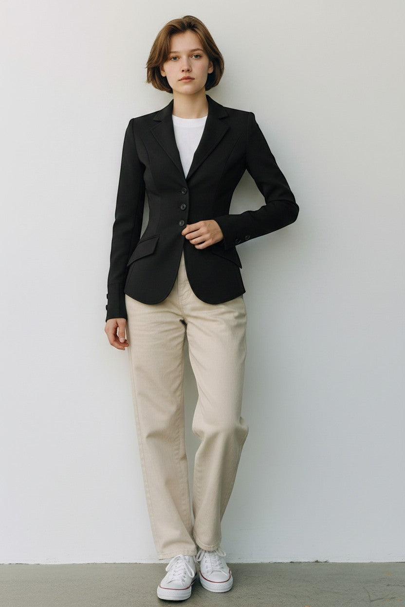 Scarlett Stitch black fitted tailored equestrian style blazer jacket with button details and flap pockets.