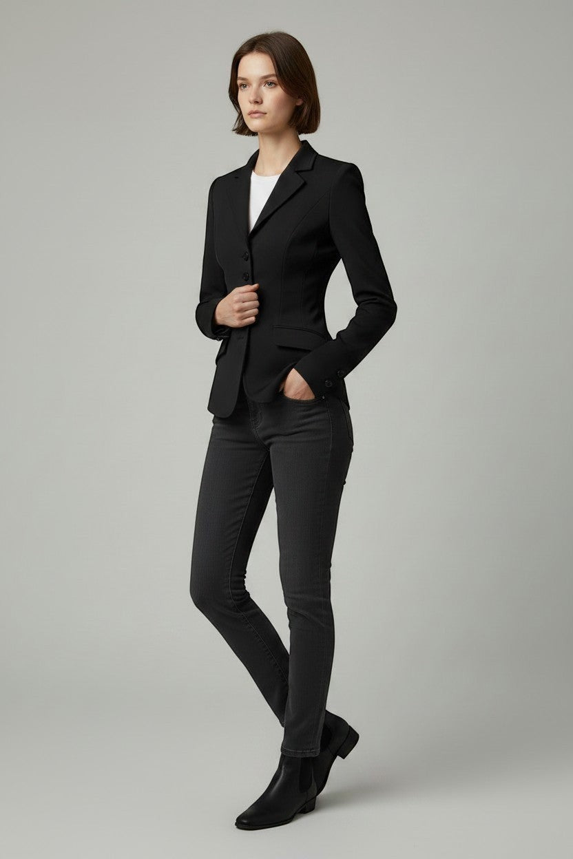 Scarlett Stitch black tailored equestrian-style blazer jacket with button cuffs and flap pockets, worn by a model.