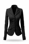 Scarlett Stitch black tailored equestrian-style blazer with sharp lapel, four-button front, flap pockets, and buttoned cuffs.